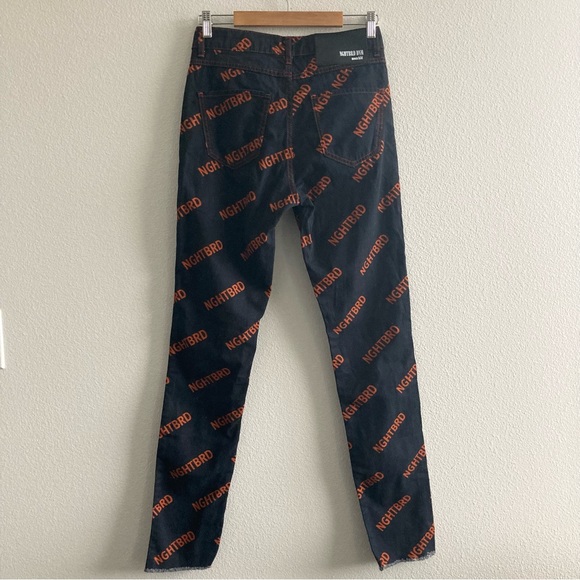 NWT Dolls Kill Nghtbrd Dnm Signature Moon Child Rust Raw Hem Logo Jeans AOP - Picture 3 of 11